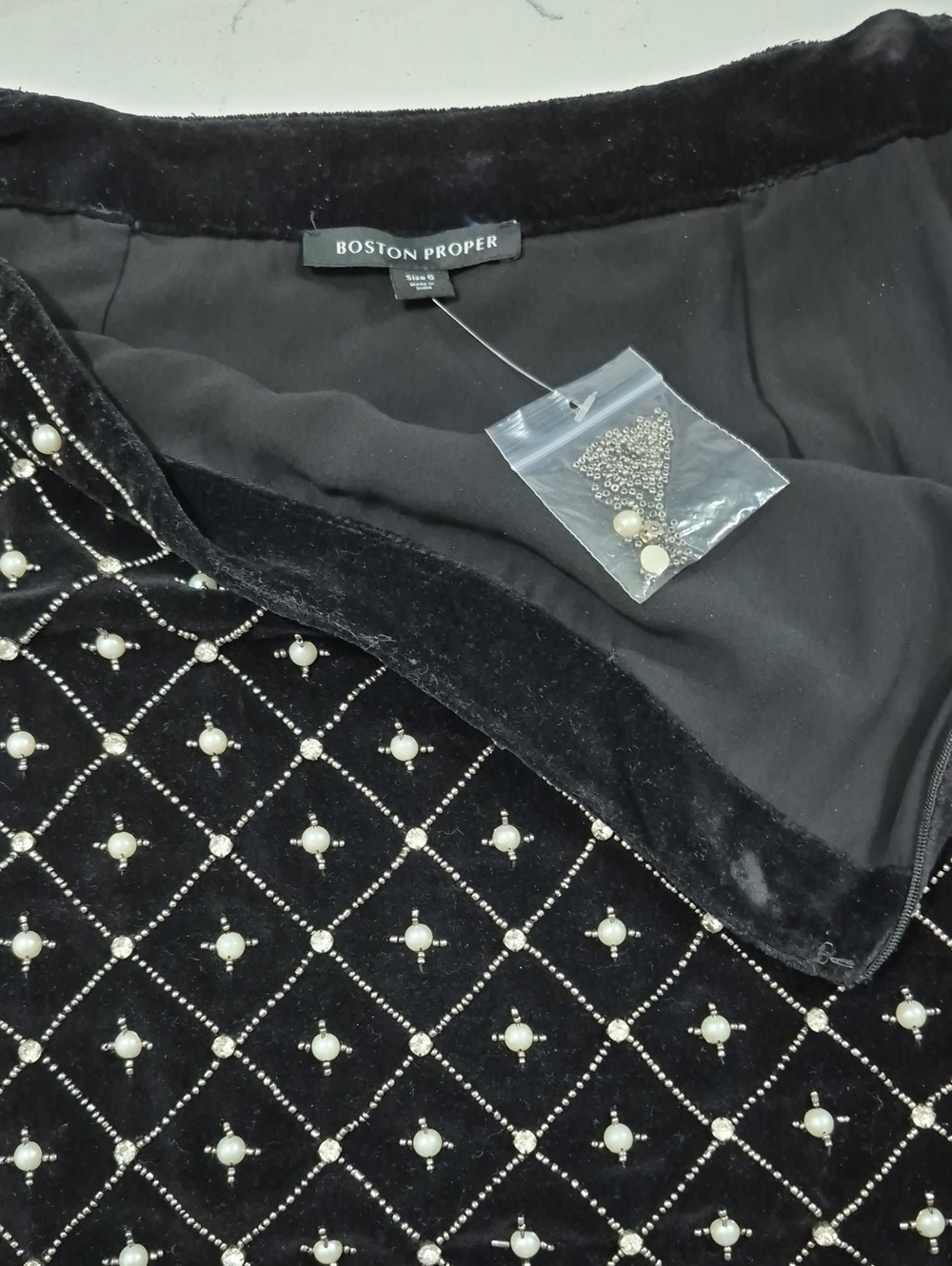 Boston Proper Black Velvet Beaded, Pearl & Rhinestone Embellished Skirt